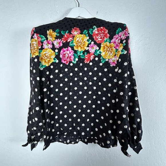 Vintage Maggy London Womens 100% Silk Floral Polka Dot Blouse Size 6 Black Multi - Picture 2 of 8